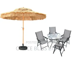 Outdoor Square Table / Foldable Chairs and Thatch Umbrella