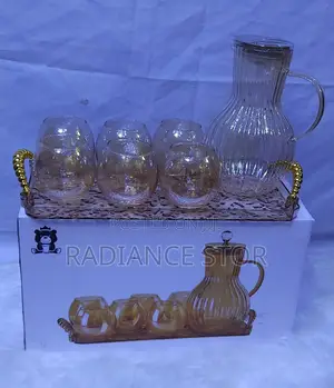 Pumpkin Shape Amber Glass Pitcher With 6 Glass Cups and Tray