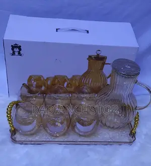 Pumpkin Shape Amber Glass Pitcher With 6 Glass Cups and Tray