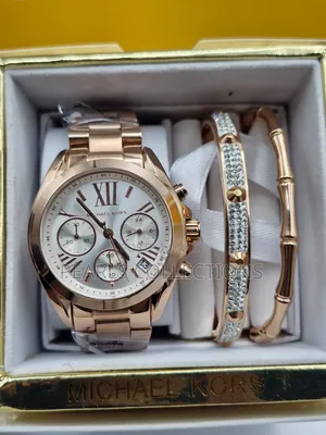 Michael Kors Rose Gold Watch and Bracelets Set (White Face Dial)