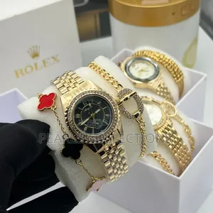Female Gold Watch and Bracelet (Black Face Dial)