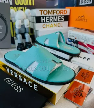 Blue Original Hermes Flat Leather Slippers for Men