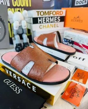 Brown Original Hermes Flat Leather Slippers for Men