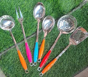 Set of Stainless Steel Kitchen Cooking Utensils With Colorful Handles.
