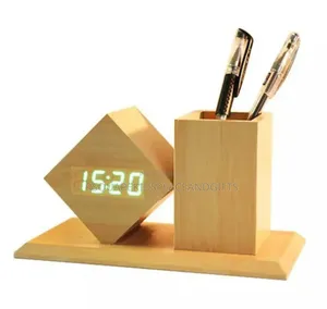Bamboo Digital Bamboo Clock With Pen Holder