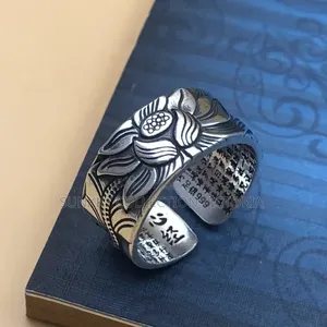 Pure Silver Heart Sutra Thai Retro Men's Trendy Open Lotus Ring