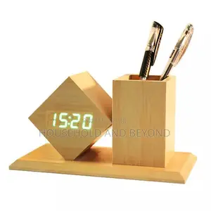 Bamboo Digital Alarm Clock With Pen Holder