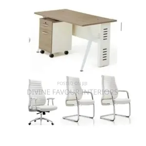 Set of Executive Office Table and White Swivel Chair 2 Visitor Chairs