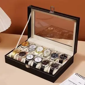 Black Leather 12-Slot Watch Organizer Box