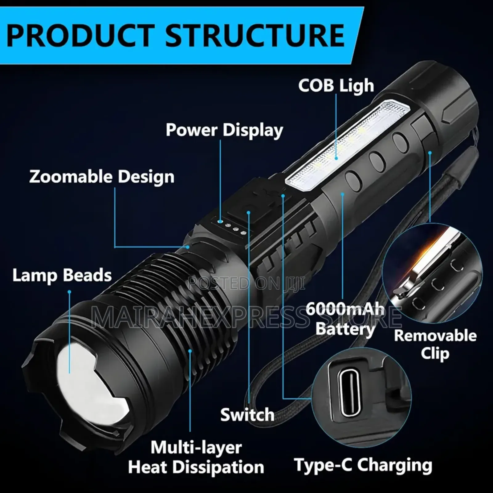 Rechargeable 5 Modes Led Flashlight With Cob Side Light