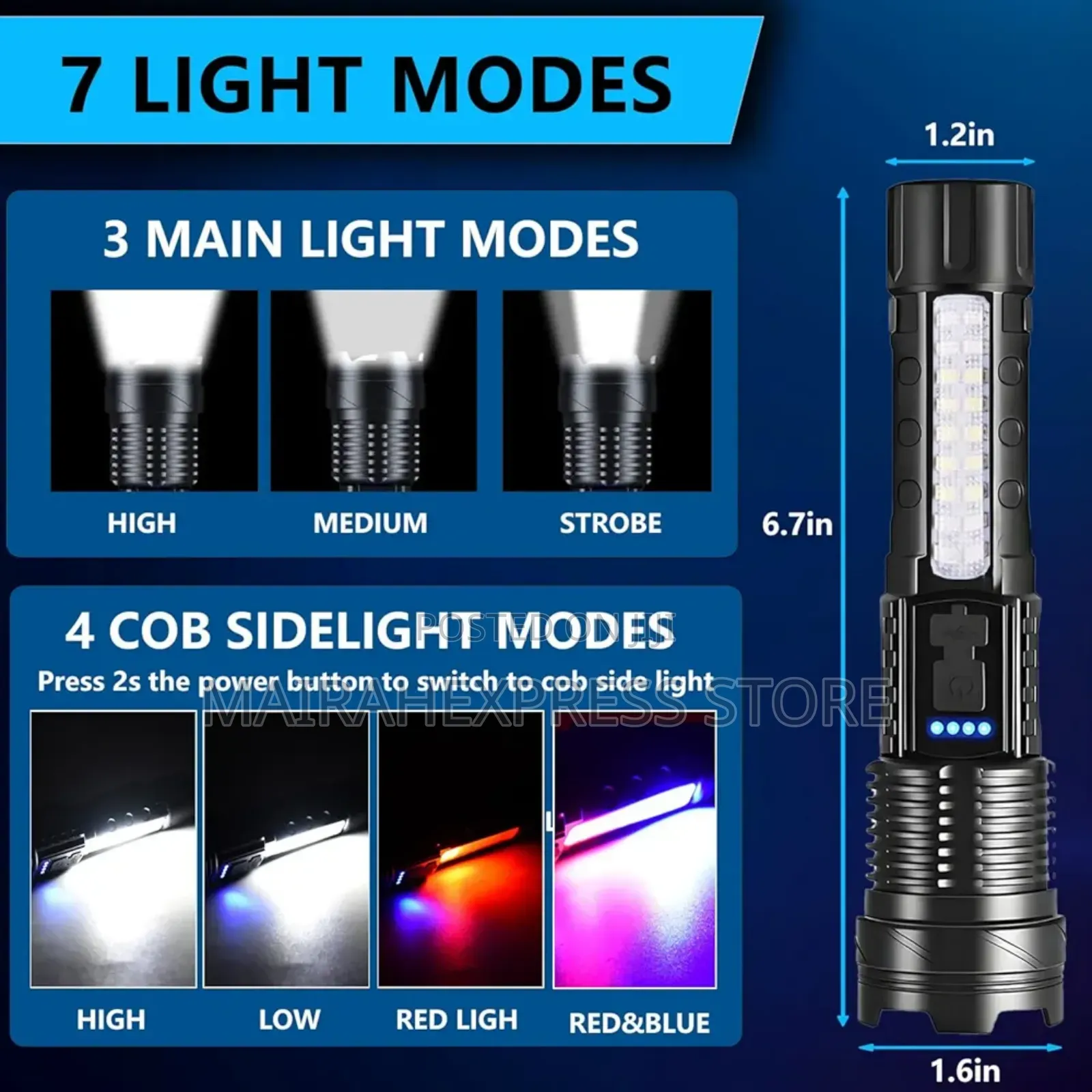 Rechargeable 5 Modes Led Flashlight With Cob Side Light