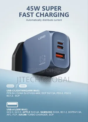 Ldnio 45w Gan Super Fast Charger With Lighting Port, Type-C and Usb.
