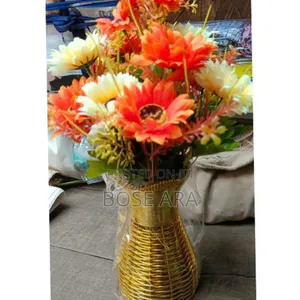 Beautiful Artificail Flower With Gold Plastic Vase