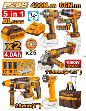 Ingco 5-in-1 Cordless Combo Kit – 20v Professional Power Tools Set