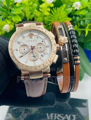 Versace Functional Chronogrqph Watch and Leather Bracelets Set