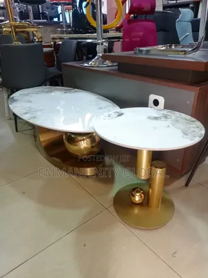 Gold Marble Center Table With Side Stool.