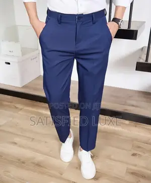 Men’S Classic Pleated Dark Blue Dress Trousers