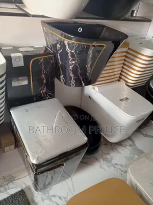 Unique Black With Gold Strip Water Closet Set