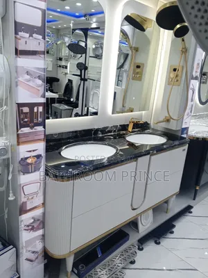 Black Marble Top Cabinet With Double Bowl and Led Mirror