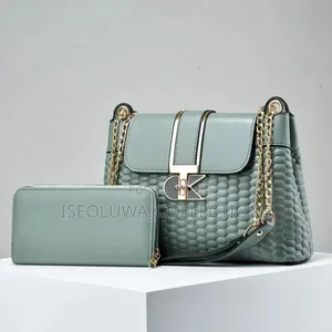 Elegant Quilted Leather Handbag and Wallet Set With Gold Chain Detail