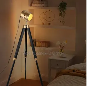 Industrial Tripod Wooden Floor Lamp Brass Rotation Adjustable