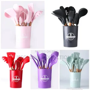 Silicone Kitchen Utensil Set With Wooden Handles and Storage Holder