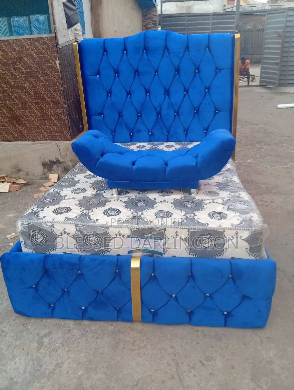 Sharp Blue Design Gold Bed Frame