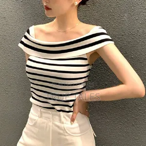 Ladies Cream and Black Stripes Off the Shoulder Neck Stretchy Top