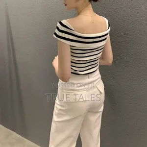 Ladies Cream and Black Stripes Off the Shoulder Neck Stretchy Top