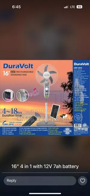 Rechargeable Standing Fan Duravolt 4 in 1