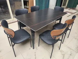 Classic Set of Marble Dining by 6 Leather Chairs .