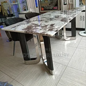 Quality Set of Marble Dining Table by 6 Fabric Chairs.