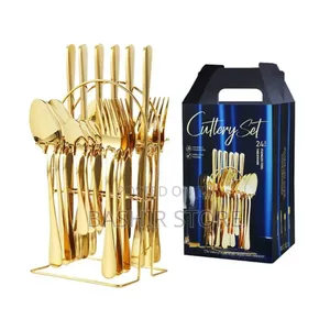 24-Piece Gold-Plated Stainless Steel Cutlery Set With a Stand.