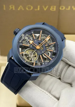 Original Bvlgari Navy Blue Genuine Leather Strap Mechanical Watch