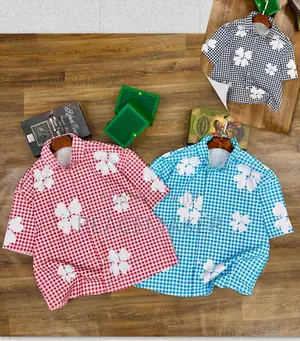 Blue and White Checkered Short-Sleeved Men's Shirt