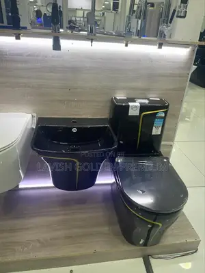 Masters Black and Gold Toilet and Hanging Basin Set Round
