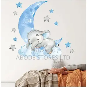 Moon Sleeping Elephant With Garland Wall Sticker -30*90cm - Blue