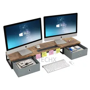 Wooden Monitor Stand With 2 Drawers, Riser With Smartphone Holder