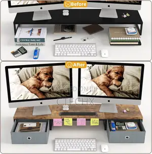 Wooden Monitor Stand With 2 Drawers, Riser With Smartphone Holder