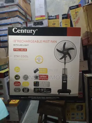 18" Century Mist Rechargeable Fan, Black Color, 1 Year Warranty.