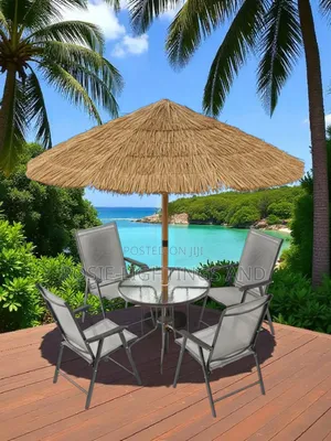 Outdoor Set of Table and Chairs With Thatch Umbrella