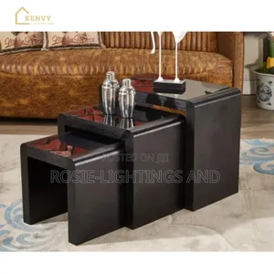 ( 3 in 1) Modern Wooden Glass Top Side Stool Table - Black