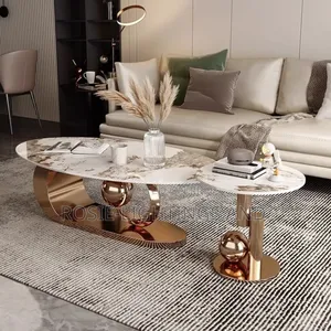 Contemporary Oval Stone Marble Center Table and Side Stool