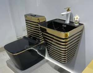 Gold and Black Executive Water Closet With Hanging Basin