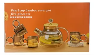 5pcs Glass Jug Set With Bamboo Lid - Glass Teapot Cup Set.