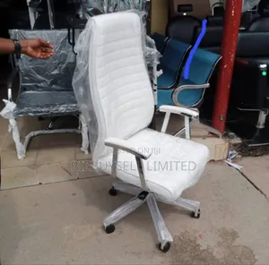 Executive White Leather Office Chair, Swivel and Reclining.