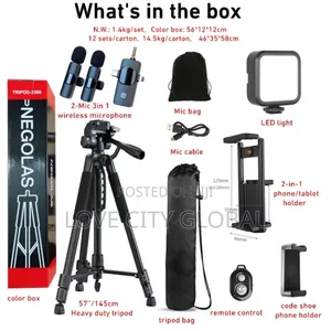 Vlogging Kit 5ft Tripod Stand Lapel Mic, Light, Content Creator Kit