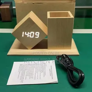Bamboo Desk Clock With Pen Holder
