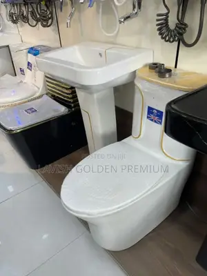 Gold and White Close Couple Toilet Seat With Wash Hand Basin