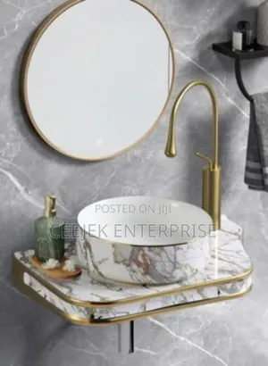Executive White and Gold Hanging Basin With Mirror and Tap